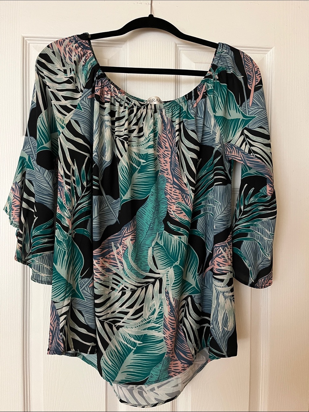 Women’s Tropical Print Off-Shoulder Top - Black, Teal & Pink